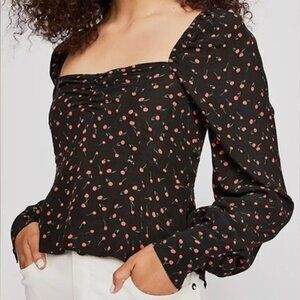 EUC, Free People Julia Cherry Print Blouse, Smocked Back, Black, Size L